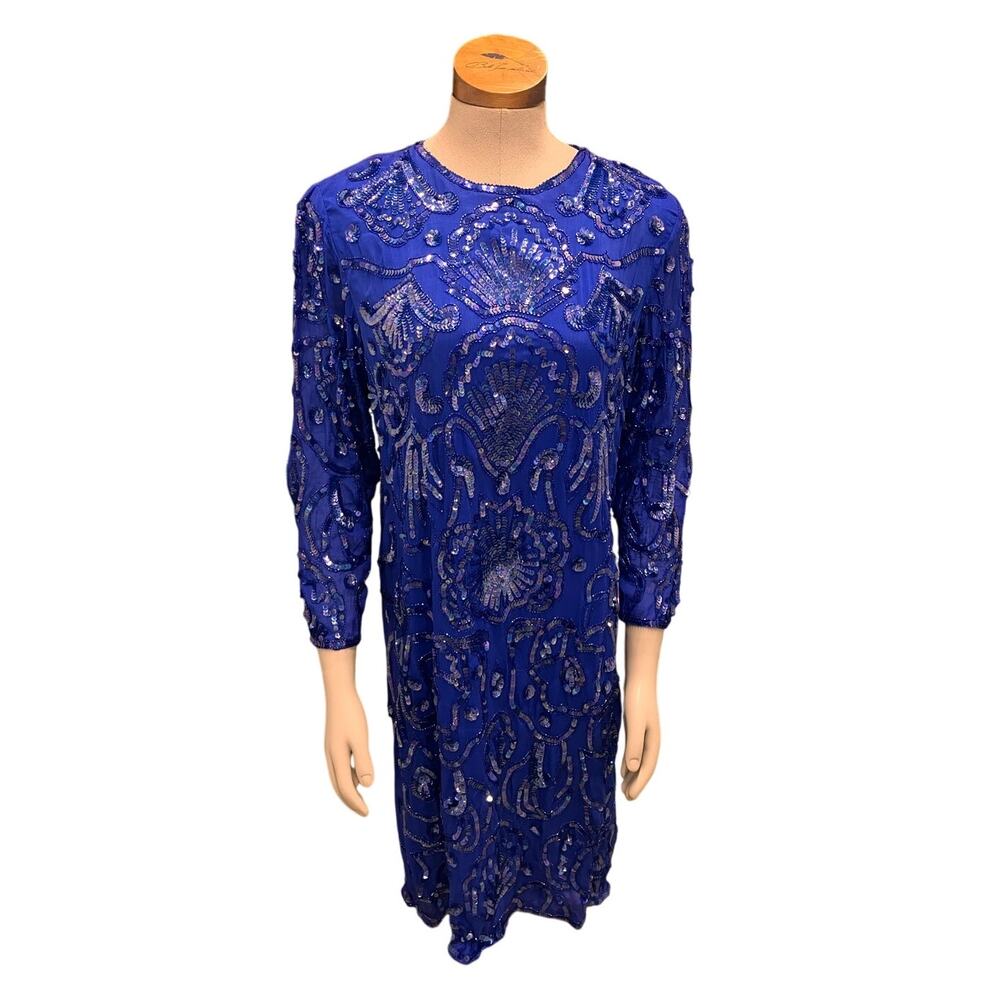 Frank Usher Large Dress Blue Sequin Silk Lined‎ Midi Long Sleeve Formal Cocktail